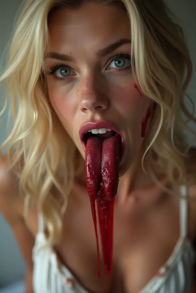 A young woman sitting on the floor wearing white lingerie. She looks up at the camera with her lips slightly parted. She has pink hair, blue eyes, and is a fair skinned slender european woman. She should have an adorable and innocent face with a doe eyed expression. (((a trail of red blood mixed with saliva runs from her slightly agape mouth down her chin and coats her exposed cleavage))), (Breasts and face in focus), cinematic lighting, chromatic aberration, backlighting, masterpiece, high details, high quality, 4K.