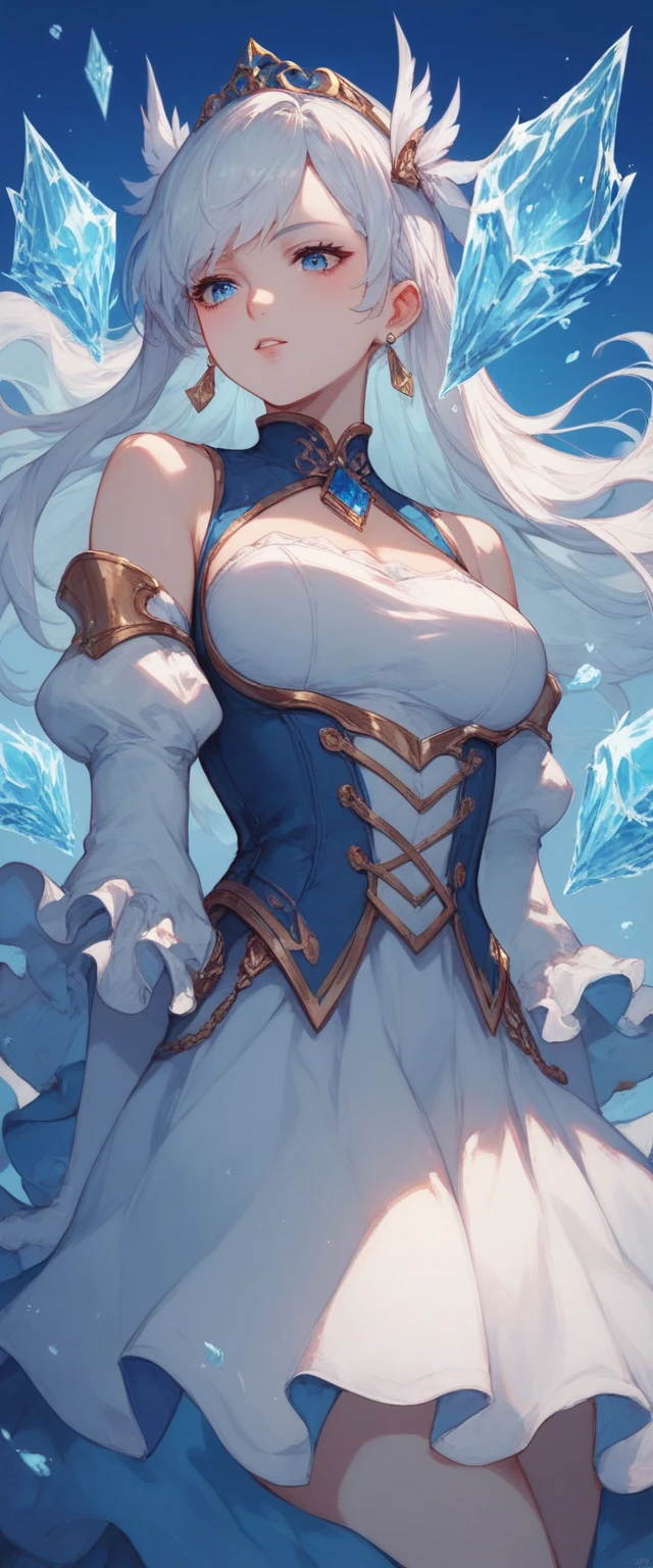 masterpiece, best quality, very aesthetic, absurdres, 1girl, mature_lady, ,elsa_(frozen), frozen_(disney), 1girl, blonde_hair, blue_eyes, braid, medium_breasts, single_braid, earrings, snowflake_earrings, eyeshadow, makeup, long_hair, very_long_hair,,detached_sleeves, black_gloves, white_dress, sleeveless_dress, sleeveless, vambraces,,on sofa,,surrounding by flowers,falling_petals, petals,,covered_nipples