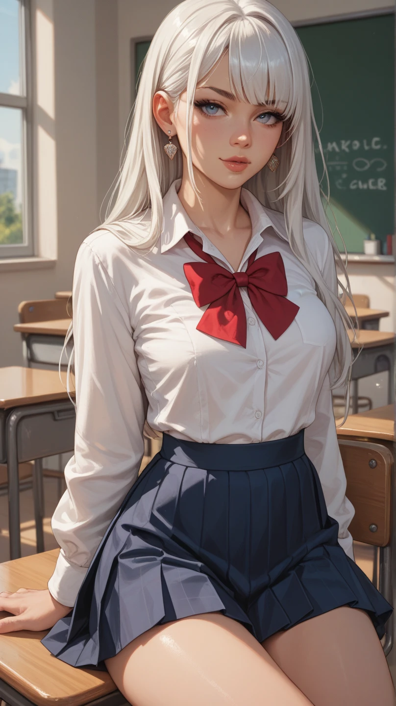 Best Quality,masutepiece,fullnude,look down on, Upper body,silber hair,Strands of hair,Fair skin,Classroom,tiny chest、Take off your uniform, Bow, Red bow, Long sleeves, Shirt, Collared shirt, White shirt, Skirt, Pleated skirt, Black skirt, tiny chest、looking at the viewers, BREAK (masutepiece:1.2), Best Quality, High resolution, Unity 8k壁纸, (Illustration:0.8), (Beautiful detailed eyes:1.6), extra detailed face, Perfect Lighting, extremely details CG, (Perfect hands, Perfect Anatomy),A smile、(Skirt lift:1.3), (white panties:1.3)、(Skirt that rolls up:1.3)、(Fully exposed panties:1.5)