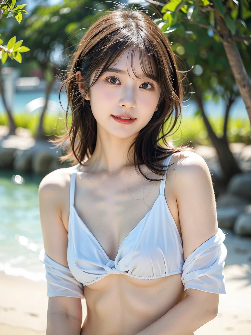 identical twin sisters, (8k, RAW photo, highest quality, masterpiece:1.2), (realistic, photo-realistic:1.4), (Highly detailed CG Unity 8k wallpaper), (blurry_background:1.3), blurry_prospect, depth_of_field, (super detailed), (Best Illustration), (最高of影), ultra high resolution, close up photo, (detailed face:1.4), compensate, beautiful eyes, good looking, long hair, Upper body, (colorful short shirt with off shoulder and lace trim:1.2), cleavage, small breasts, slim, perfect skin, Asian, Are standing, beach, coastal, 手ofひら_wood, water, summer, professional lighting,lalisamanoban
