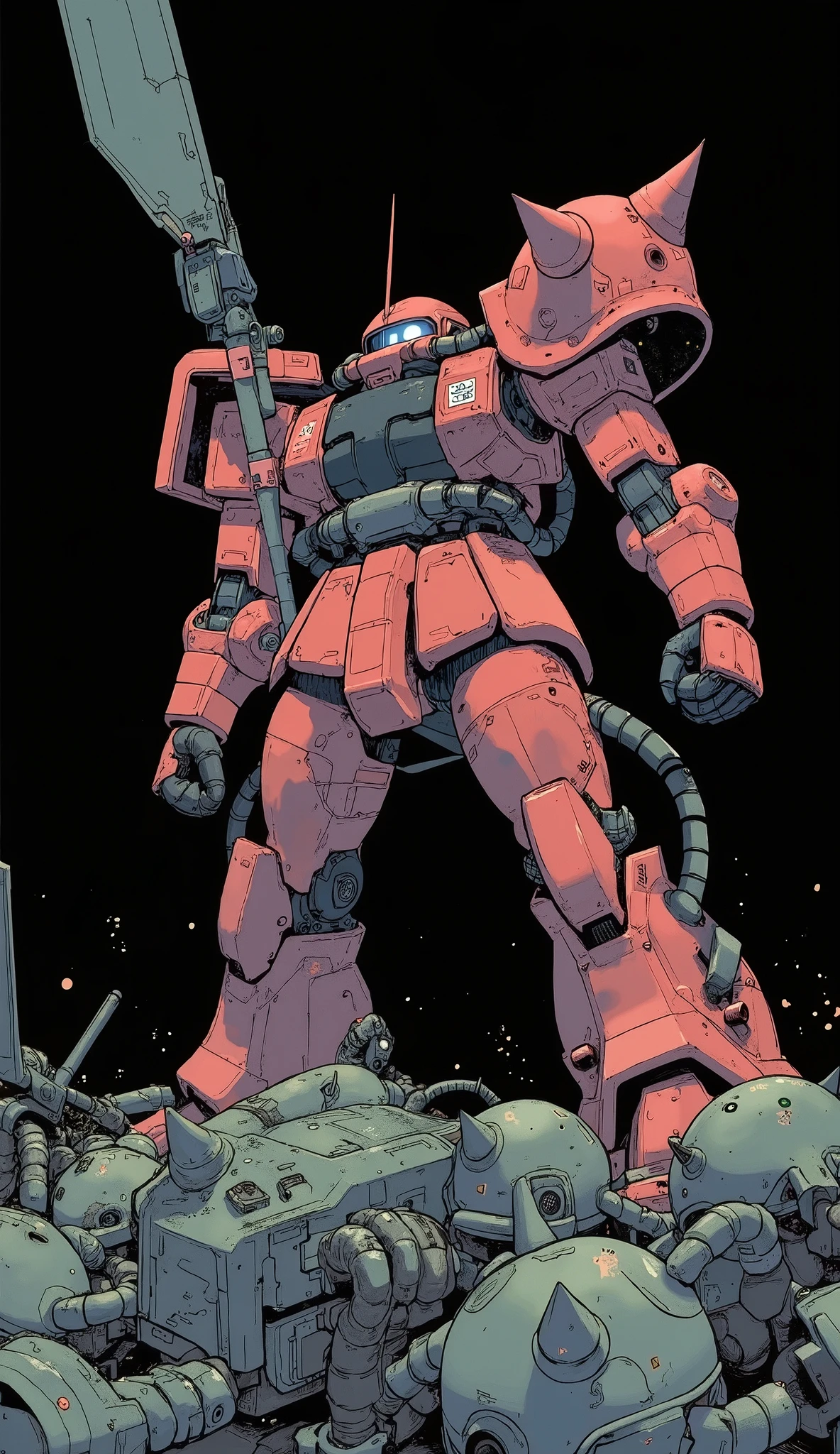 Zaku、Close up of a robot with a sword on a pile of other robots, Zaku, The mobile suit , The mobile suit gundam, Gouf evangelion, in , Gouf The mobile suit , Gouf , Gundam Style, giant robot, Getter Robo, SAZABI, To Gundam, Chris Moore, Red Mecha, inspired Chris Moore