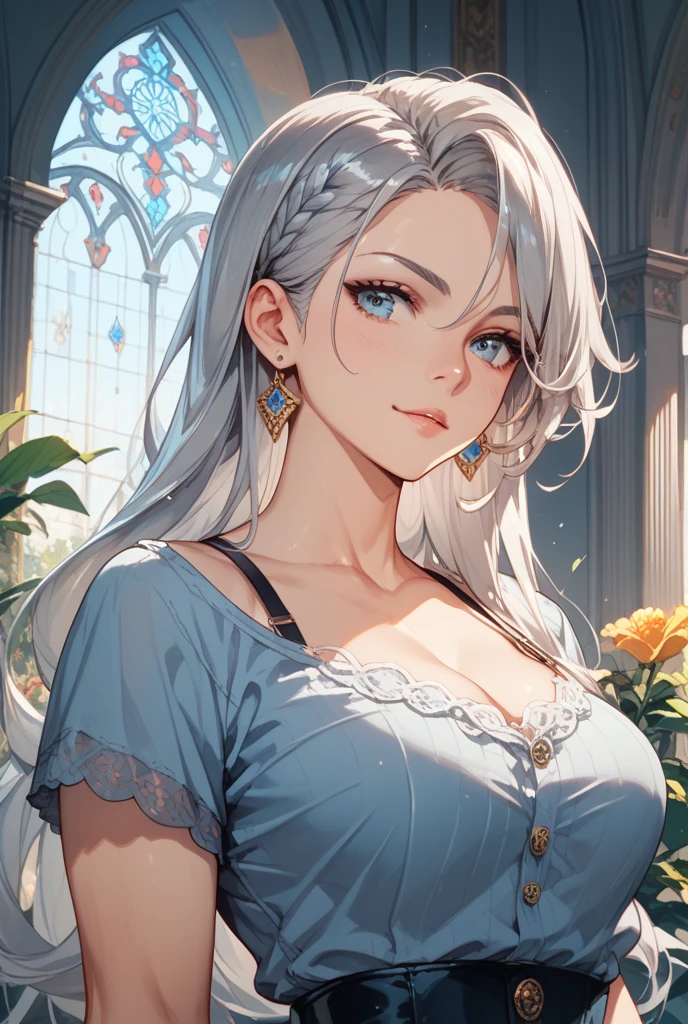 (NSFW, High-resolution, 8K Wallpaper), (Highest quality, masterpiece, photograph-realistic), (Gray Hair, Age of Wisdom), (Golden Eyes, Sparkling with Intellect), (White Clothes, Pure and Elegant), (Looking Up, Adoration or Awe), (Upper Body Focus, Muscular and Strong), (Hair, Long and Silvery), (Fair Skin, Radiant and Youthful), (Side Braid, Classic and Timeless), (Detail-oriented, Every strand of hair, every wrinkle, every curve), (Golden Light, Illuminating and Warm), (Shadows,