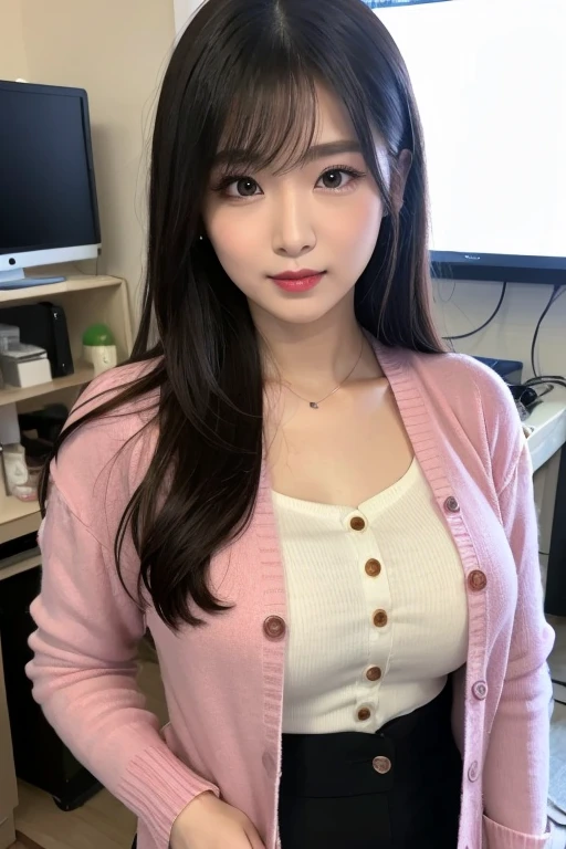 Teacher, desk, consultation, upper body, long hair, black hair, mature, small chest, pink sweater,, cute style, computer on front