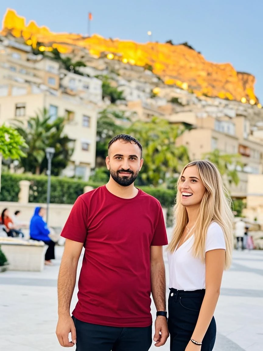there is a man and a woman taking a selfie at sunset, com um castelo ao fundo, Ruins in the background