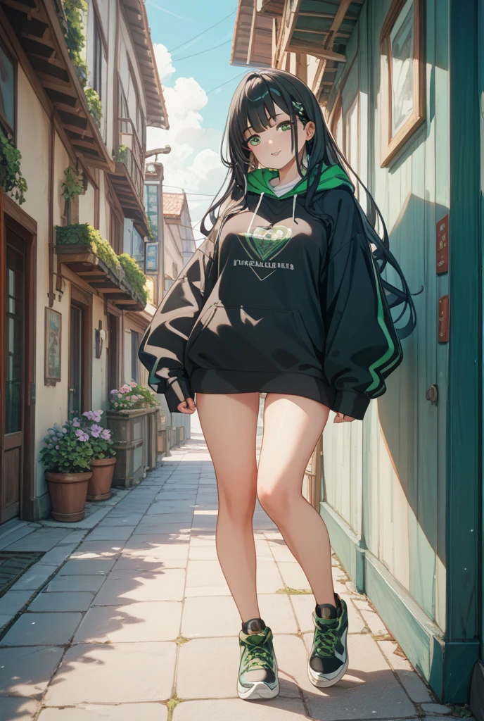 {{masterpiece}}, The best quality of life, 、Dark brown long hair down to the waist、Anime Girls with brown long hair, Cute female anime visuals,Anime full body illustration, Anime Moe Art Style, Anime characters, (Anime Girls)、(Green Eyes)、Expressionless adult woman、Small Necklace、((White background))、Black Bikini、Grey shorts、Green anklet、A woman standing in white sandals、Large Breasts,Woman standing facing the front、tall、Stylish woman