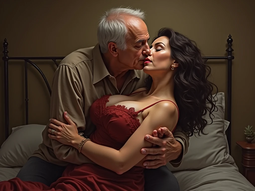 The man in his 45s with black very short hair and smooth face with moustache. The woman in her 45s with brown wavy long hair. The man and the woman are naked. In the bed. The woman is sitting on the man's lap. Orgasm. Night. Dim and dark environment. UHD. HDR. Cinematic.