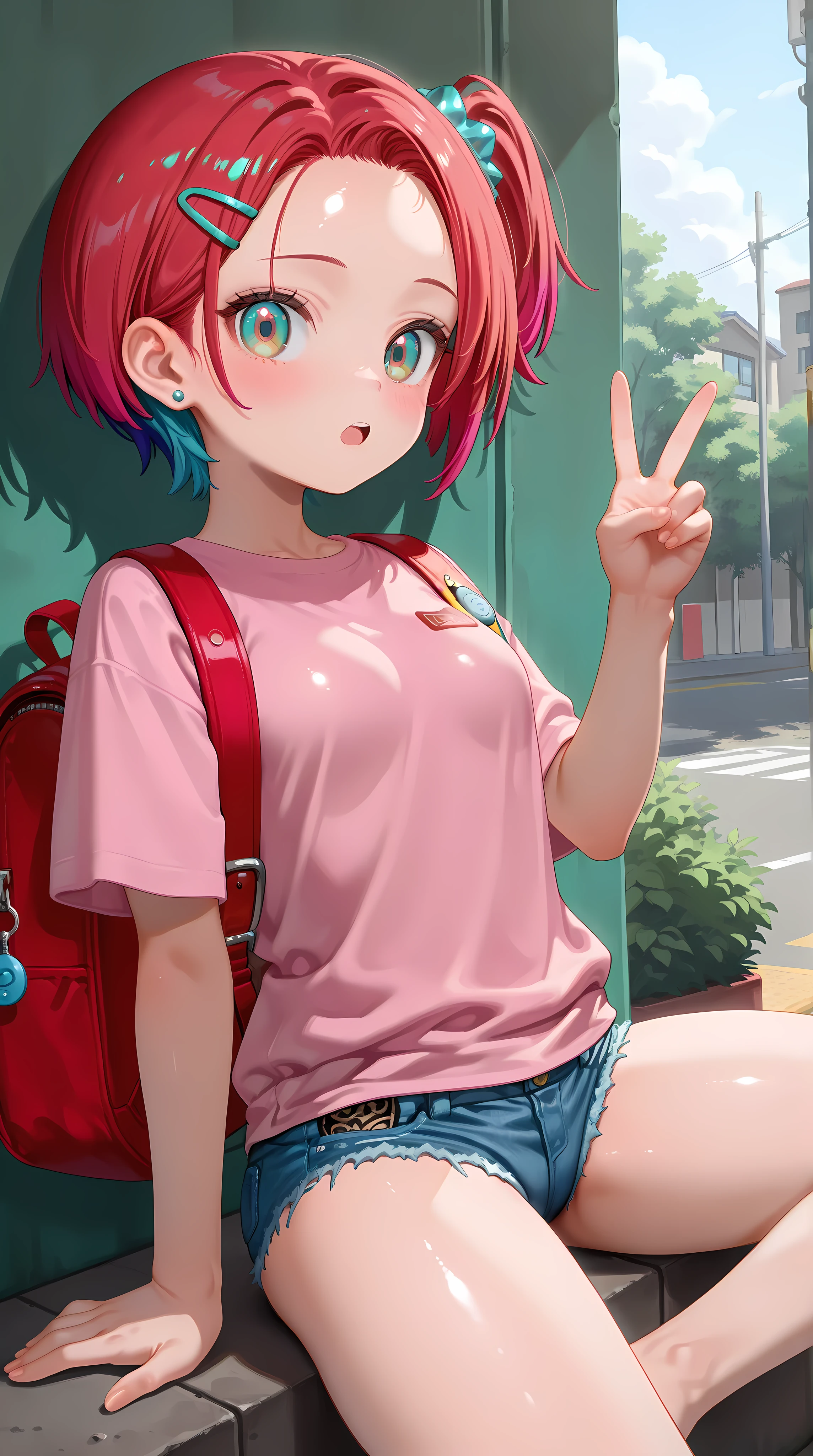 1girl,amate yuzuriha,breasts, forehead,bangs,red hair,short hair, multicolored hair,aqua eyes,multicolored eyes, backpack, bag,red bag,v, hair ornament, hairclip,solo,shirt, jewelry,looking at viewer, earrings, brown eyes, blush, short sleeves, pink shirt, closed mouth, stud earrings, child,petite, skirt, outdoors, denim, crime prevention buzzer, one side up, blue skirt, frayed denim shorts,micro shorts,tight, shorts, t-shirt,sitting, lotus position,masterpiece,best quality,newest,highres,absurdres,very awa,shiny skin,(artist:loika:0.5),(artist:xiaoshou xiansheng:0.8),artist:rin31153336,artist:gawako,