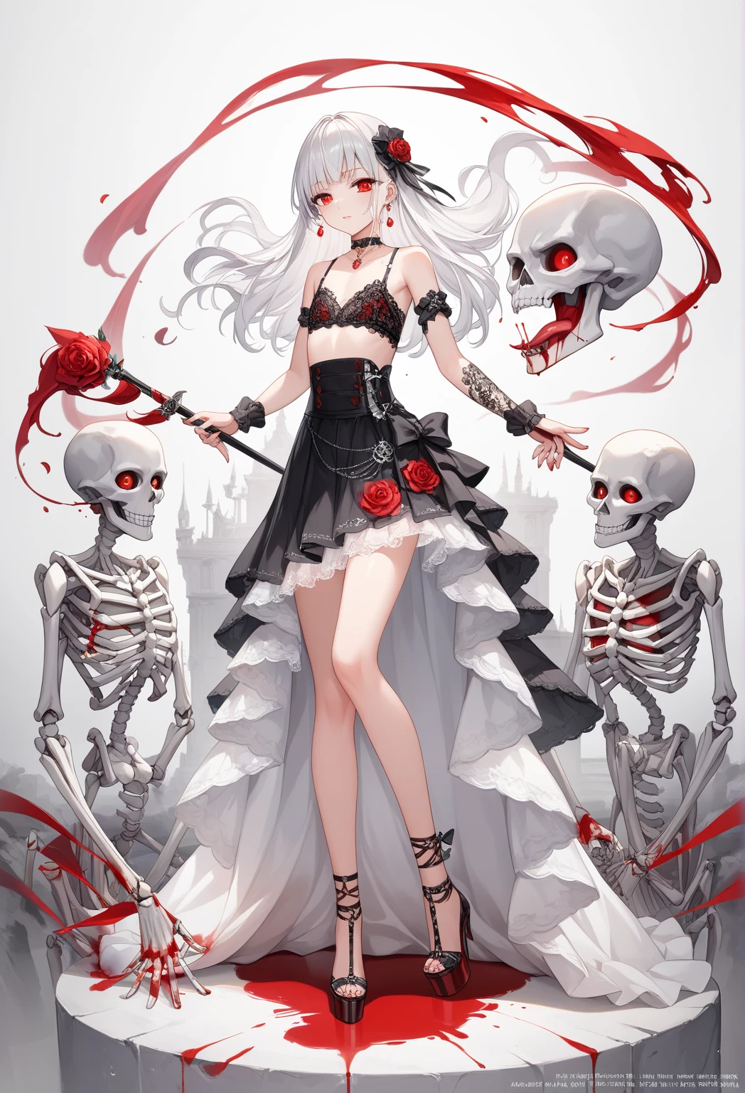 a girl hug a skeleton, There are red flowers growing on the skeleton, red flower, gore, illustration, dark, blood, 25 year old,