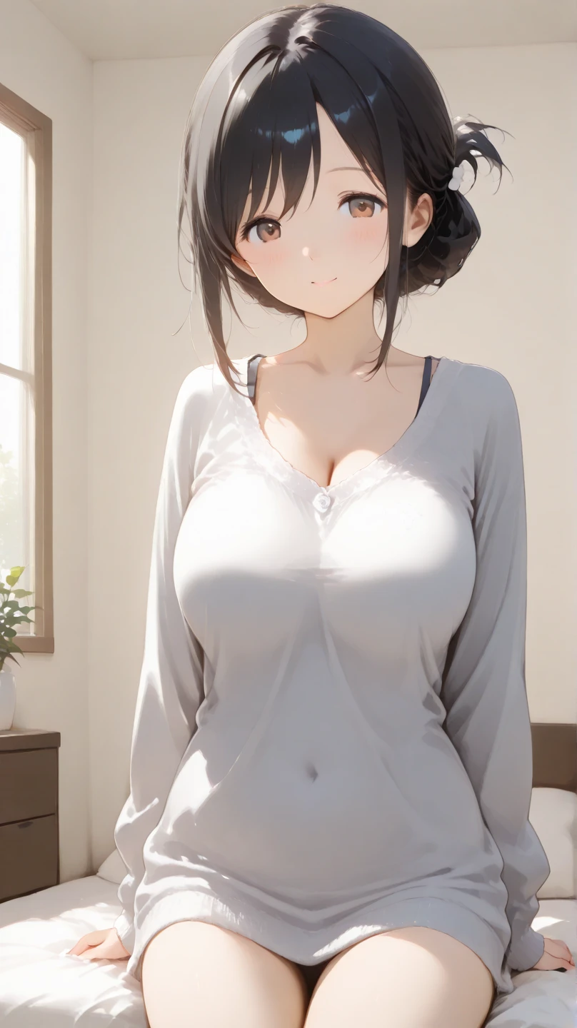 ((masterpiece)), ((best quality)), (detailed), ((mature female)), (medium skin), medium fluffly moptop bob cut, (blunt bangs), brown hair, (tareme), large breasts, photograph, beautiful detailed face, detailed eyes, ((night hotel room)), (embarrassed:1.2), ((bathrobe)), (parted lips), ((upper body))