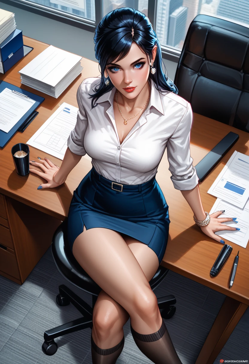 Alexandria Ocasio Cortez, masterpiece quality, (masterpiece quality:1.3), high res, realistic, lots of detail, alone, 1girl, (1girl:1.9), solo, in a office, office computers in background, paperwork in background, long hair, (long hair:1.5), black hair (black hair:1.5), wearing choker collar, wearing business outfit, wearing white blouse, (white blouse:1.5), wearing short black miniskirt, (miniskirt:1.5), wearing fishnet stockings, (fishnet stockings:1.5), thin body, small breasts, (small breasts:1.5), lots of cleavage, worried, (worried face:1.5), blushing, (blushing:1.3),
