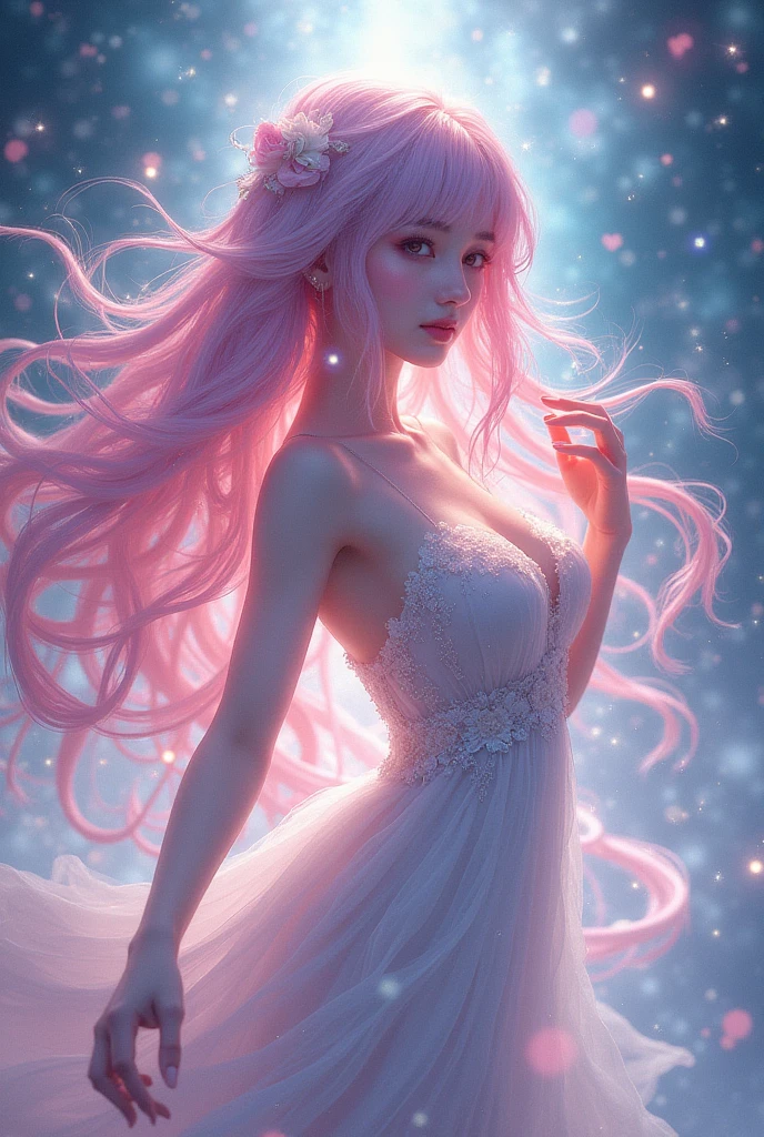 4K Ultra HD, Masterpiece, A girl with a magical aura, Good face, Long hair, shinny hair, Detailed eyes, Glossy lips, Wearing a red Lolita costume, The aura around the body, Magical effect, Spread white light, Cosmic elements and ethereal atmosphere, A mix of bright lights and colorful nebulae, universe background, Sitting, Full body capture.