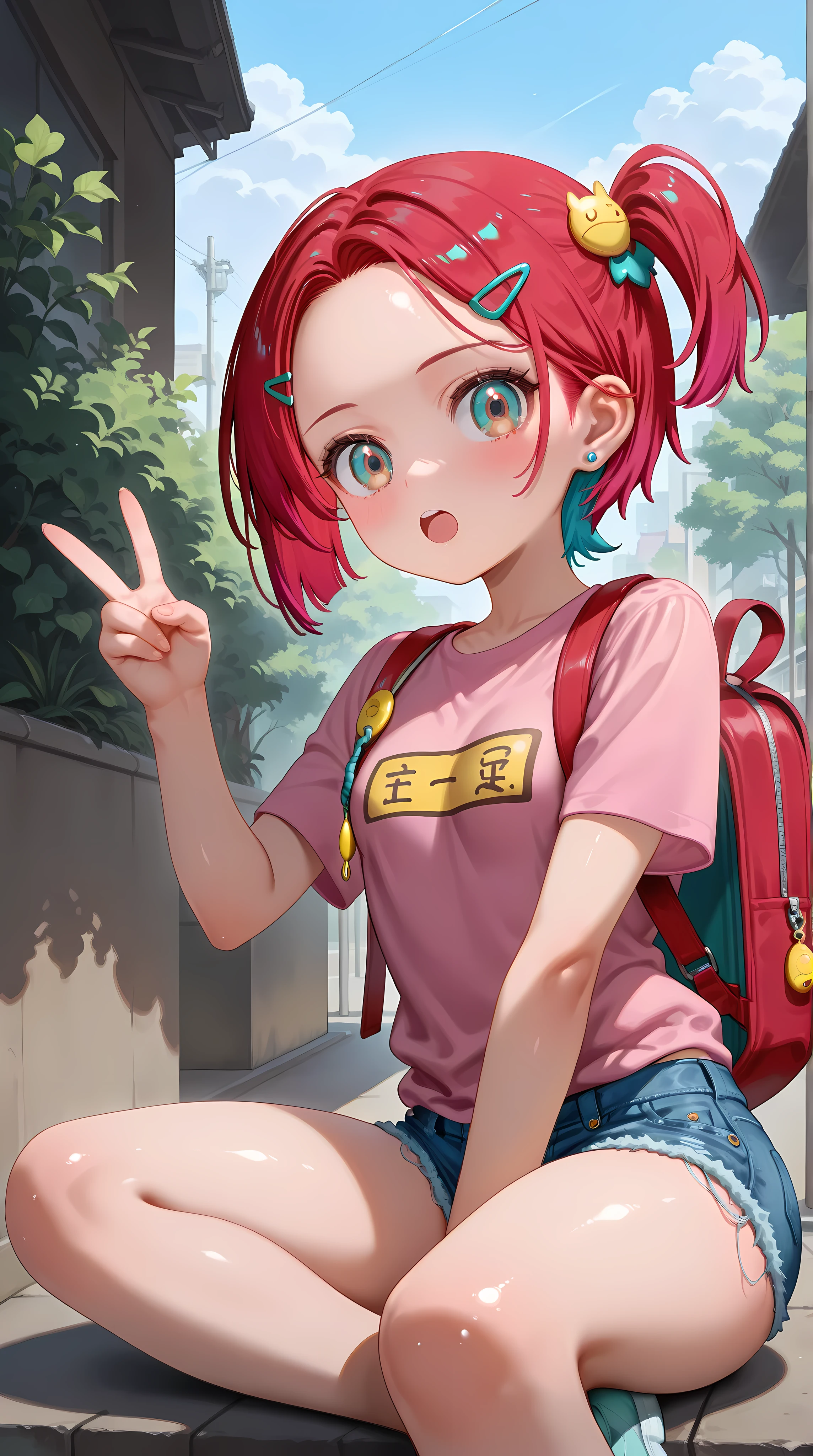 1girl,amate yuzuriha,breasts, forehead,bangs,red hair,short hair, multicolored hair,aqua eyes,multicolored eyes, backpack, bag,red bag,v, hair ornament, hairclip,solo,shirt, jewelry,looking at viewer, earrings, brown eyes, blush, short sleeves, pink shirt, closed mouth, stud earrings, child,petite, skirt, outdoors, denim, crime prevention buzzer, one side up, blue skirt, frayed denim shorts,micro shorts,tight, shorts, t-shirt,sitting, lotus position,masterpiece,best quality,newest,highres,absurdres,very awa,shiny skin,(artist:loika:0.5),(artist:xiaoshou xiansheng:0.8),artist:rin31153336,artist:gawako,