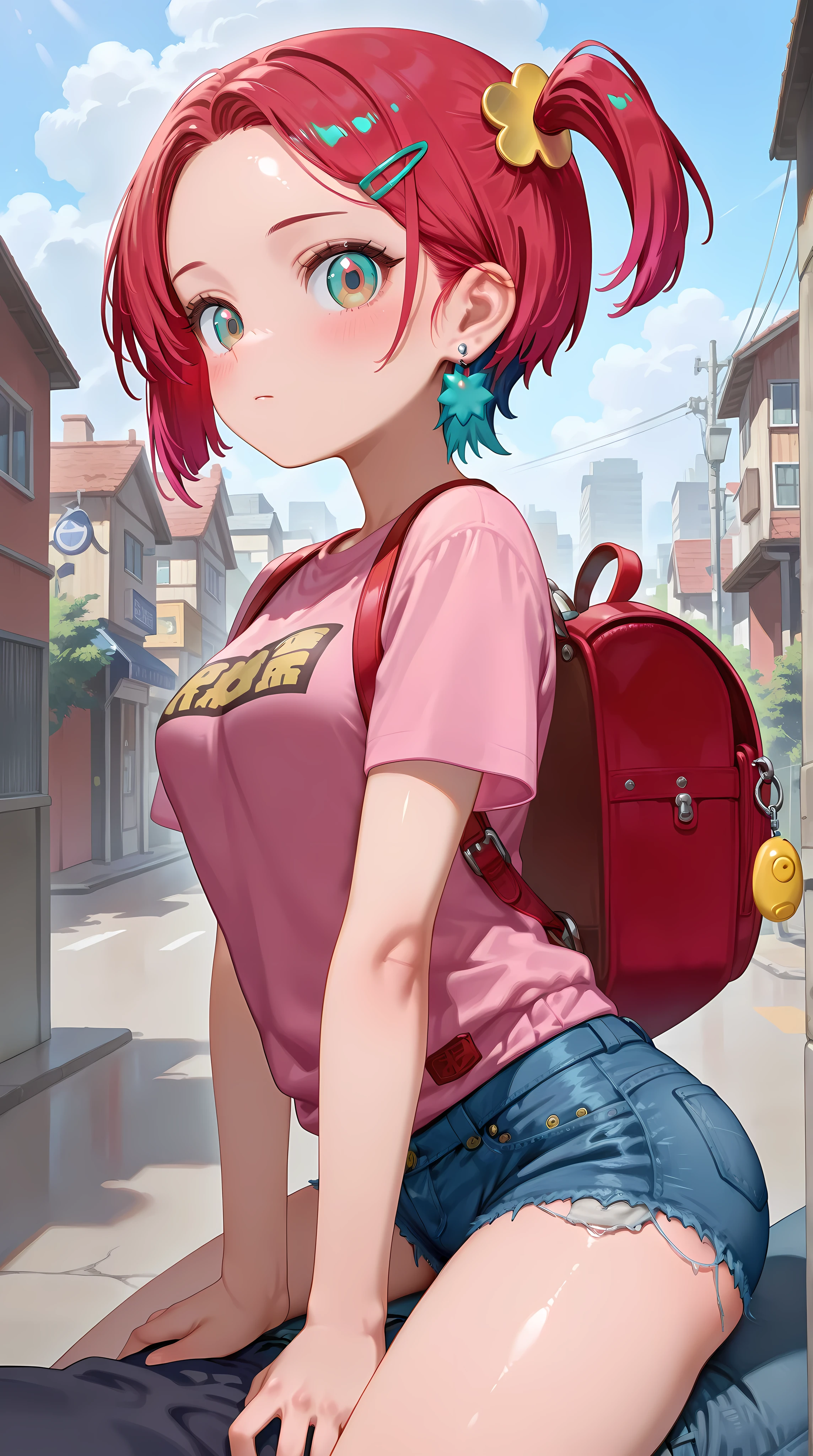 1girl,amate yuzuriha,breasts, forehead,bangs,red hair,short hair, multicolored hair,aqua eyes,multicolored eyes, backpack, bag,red bag,hair ornament, hairclip,solo,shirt, jewelry,looking at viewer, earrings, brown eyes, blush, short sleeves, pink shirt, closed mouth, stud earrings, child,petite, skirt, outdoors, denim, crime prevention buzzer, one side up, blue skirt, frayed denim shorts,micro shorts,tight, shorts, t-shirt,girl_on_top,straddling,masterpiece,best quality,newest,highres,absurdres,very awa,shiny skin,(artist:loika:0.5),(artist:xiaoshou xiansheng:0.8),artist:rin31153336,artist:gawako,