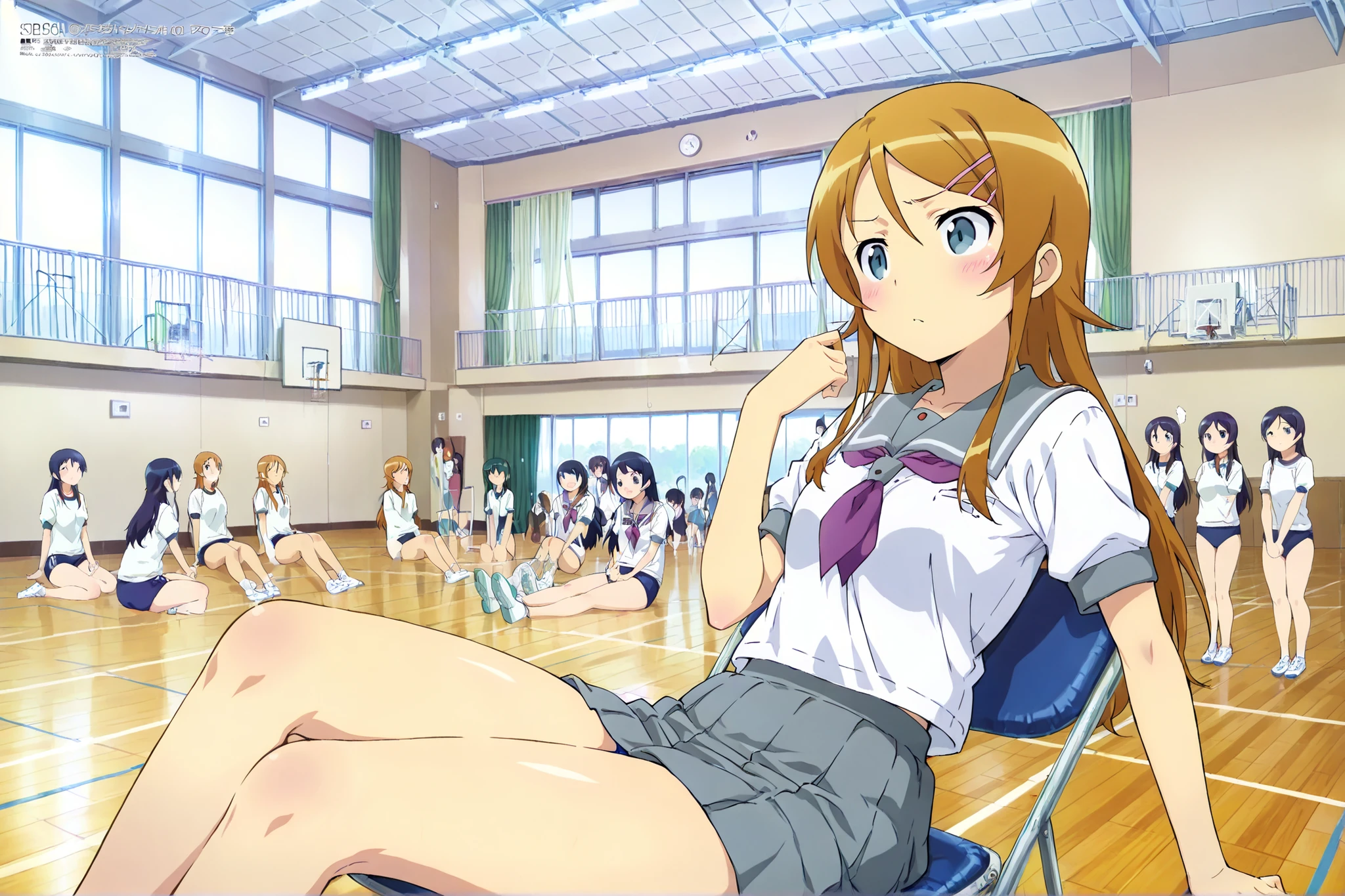 kousaka kirino,long hair, hairclip, school uniform, grey sailor collar, purple neckerchief, white shirt, short sleeves, pleated skirt, grey skirt,thick thighs,sitting on the chair grasping one's knees (as in a gym class),masterpiece,best quality,amazing quality,taiikukan, score_9, score_8_up, score_7_up, rating_safe, masterpiece, best quality, absurdres, unity 8k wallpaper, official art, official style, source_anime, uncensored, game cg, megami magazine,taiikukan, indoors, sportswear, multiple girls, indoors, photo background, shorts, 6+girls, ceiling light, black hair, ceiling, stage, wooden floor, gym uniform, sportswear, jyojifuku,kousaka kirino,BG0, BGS2, taisoufukuG, gym uniform, buruma, KJP530SG, 