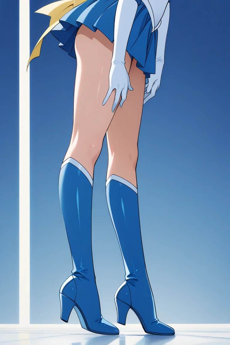 (red ribbon on hairband:1.2),masterpiece, best quality, highres, 1girl, solo, Blonde hair, RED eyes, mole under eye, band uniform, sleeveless, white gloves, knee boots, cowboy shot, hand on hip, smile, open mouth, outdoors ,((((skirt lift)))),((red color panties)),(pointy_panties,from below),