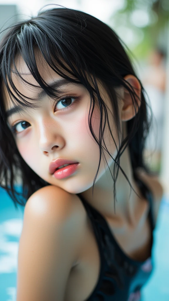 1girl, medium wide shot, (full body:0.8), (detailed face), (looking at viewer:1.2), medium length hair, wet peach colored sportswear, mystical, supernatural, (cherry blossom tree on water:1.2), shimmering waterfalls, (graffiti walls:1.3), water reflection, magical atmosphere, enchanting luminescent glow, (best quality), masterpiece, vibrant and contrast color, (10yo, cute:1.3), (breasts:1.2),