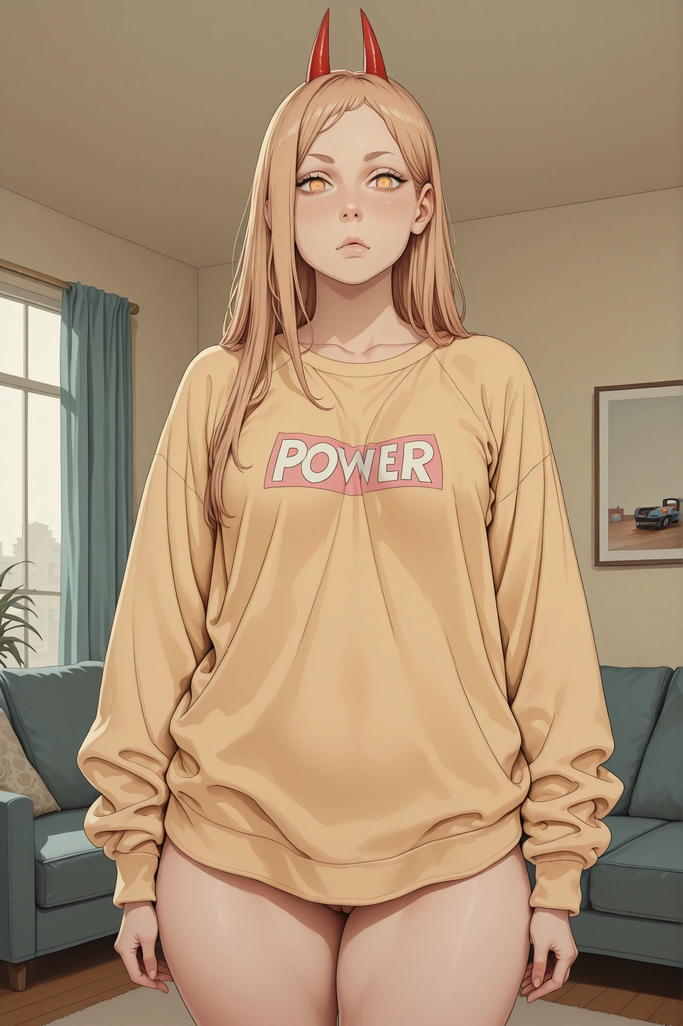 Power, Chainsaw Man, blonde hair, red horns, yellow eyes, voluptuous, curvy, small breasts, loose pink sweatshirt, bottomless, looking at viewer, mocking, living room, standing