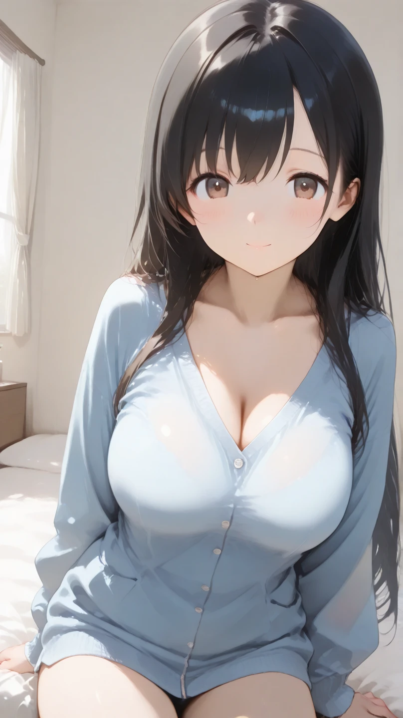 Indoor Hospital, 1 Female Soloner, /(Simple uniform/) /(Black medium hair/) Hair UP, ((((vulgarity)))), (masterpiece best quality:1.3) Delicate illustrations ultra-detailed high resolution, Large breasts,covered erectile nipples,