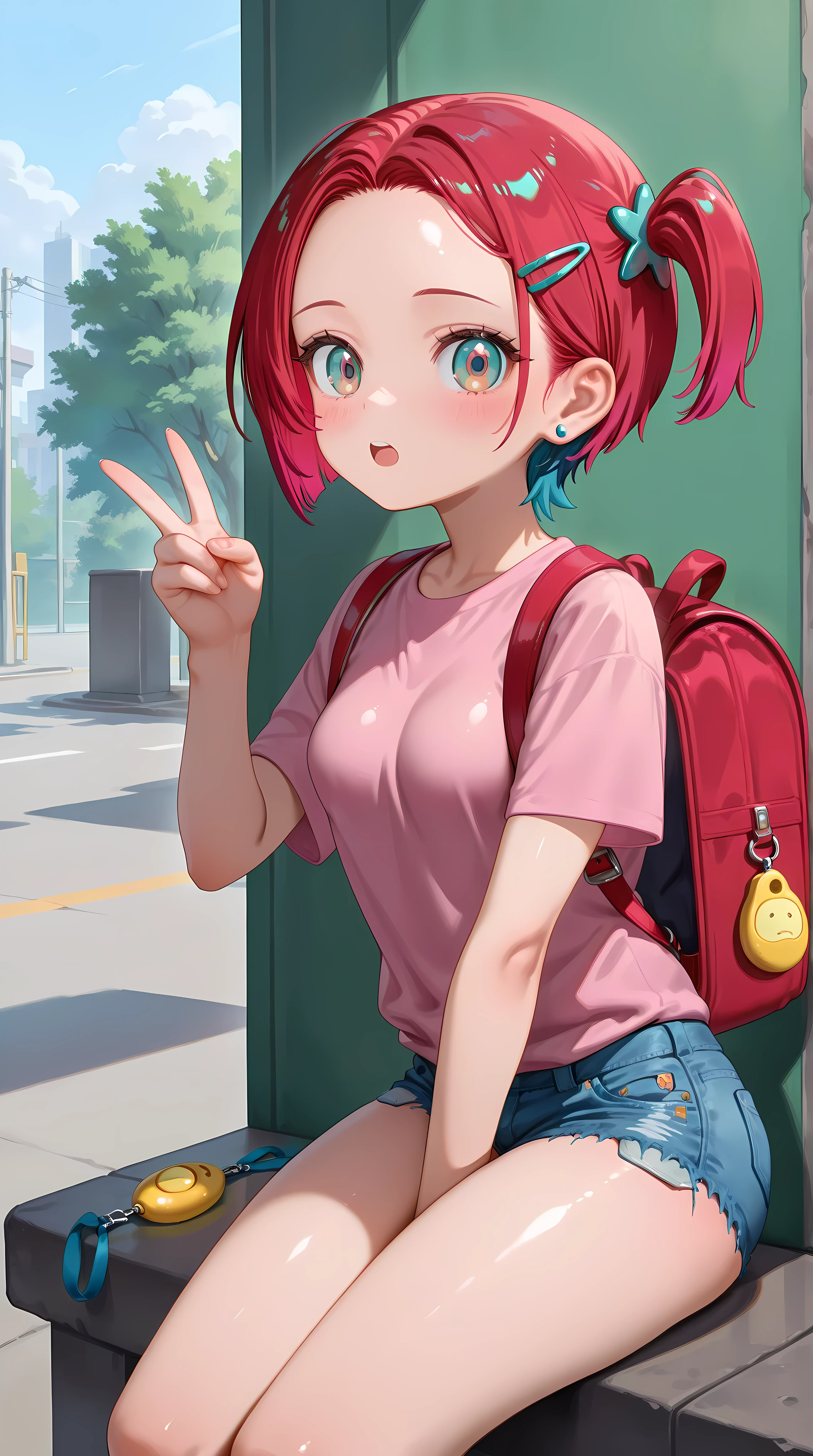 1girl,amate yuzuriha,breasts, forehead,bangs,red hair,short hair, multicolored hair,aqua eyes,multicolored eyes, backpack, bag,red bag,v, hair ornament, hairclip,solo,shirt, jewelry,looking at viewer, earrings, brown eyes, blush, short sleeves, pink shirt, closed mouth, stud earrings, child,petite, skirt, outdoors, denim, crime prevention buzzer, one side up, blue skirt, frayed denim shorts,micro shorts,tight, shorts, t-shirt,sitting on lap,masterpiece,best quality,newest,highres,absurdres,very awa,shiny skin,(artist:loika:0.5),(artist:xiaoshou xiansheng:0.8),artist:rin31153336,artist:gawako,