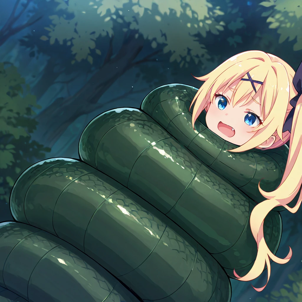 , blonde hair, cute, torn clothes, torn printed panties, bare ass, bitten in the ass by crocodile, surprised
