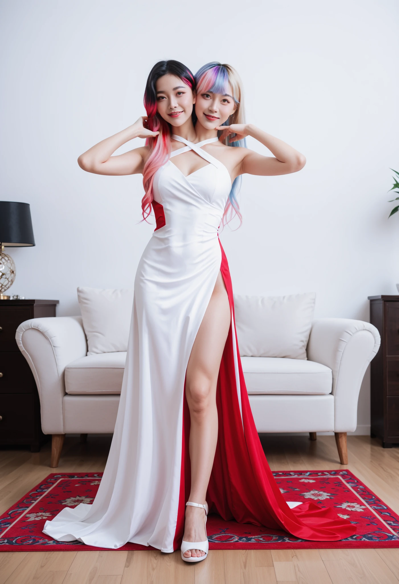 anime woman with two heads, tall, slender, multi-coloured hair, different hair lengths, posing, red carpet, celebrity, korean, very long hair, styled hair, two-tone colour hair,, highlights in hair, (2 different outfit, girls wearing 2 different outfit, split half dress, floor-length dress, 2-toned design outfit, 2 tone color), full shot, bedroom