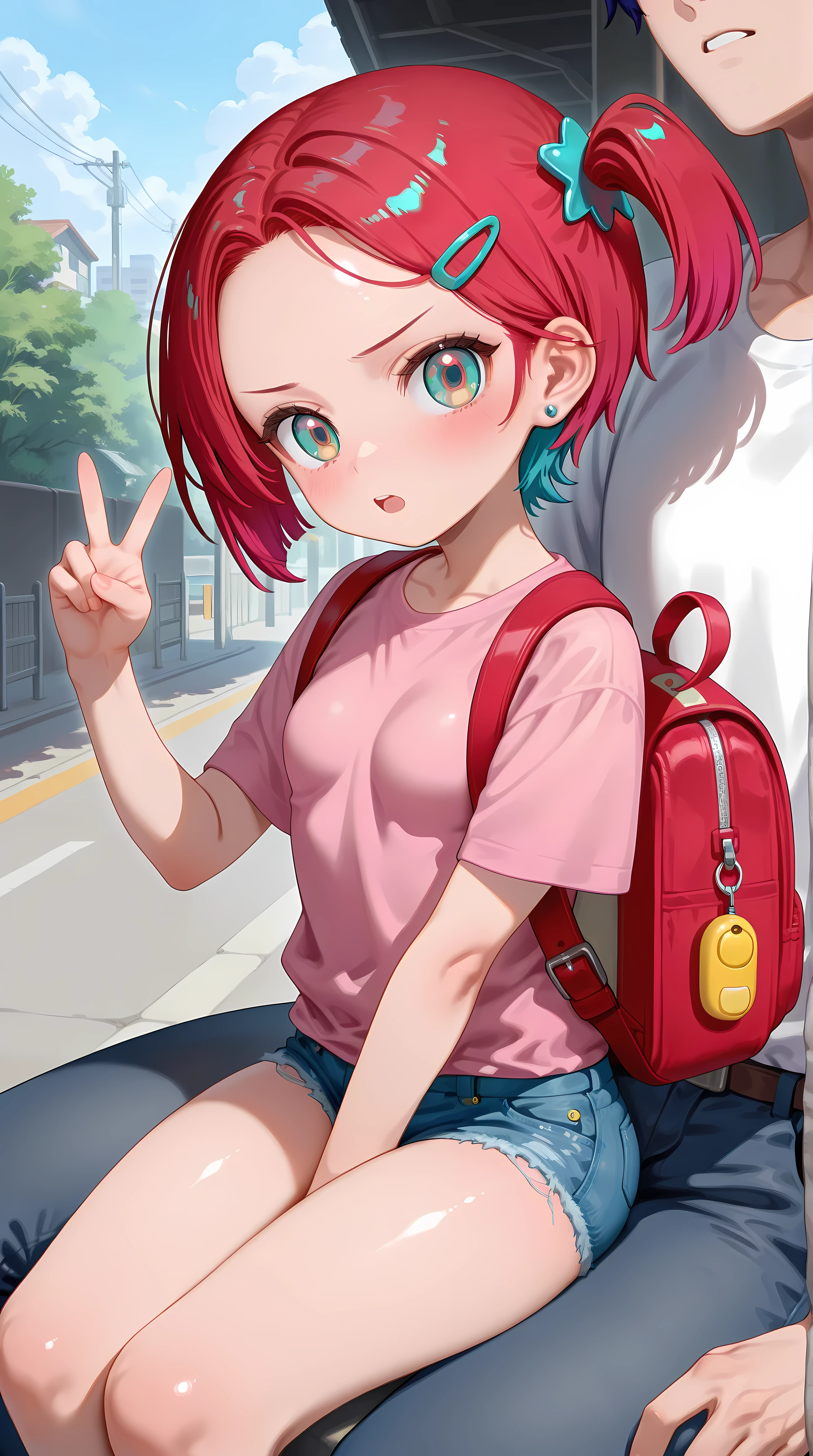 1girl,amate yuzuriha,breasts, forehead,bangs,red hair,short hair, multicolored hair,aqua eyes,multicolored eyes, backpack, bag,red bag,v, hair ornament, hairclip,solo,shirt, jewelry,looking at viewer, earrings, brown eyes, blush, short sleeves, pink shirt, closed mouth, stud earrings, child,petite, skirt, outdoors, denim, crime prevention buzzer, one side up, blue skirt, frayed denim shorts,micro shorts,tight, shorts, t-shirt,sitting on lap,masterpiece,best quality,newest,highres,absurdres,very awa,shiny skin,(artist:loika:0.5),(artist:xiaoshou xiansheng:0.8),artist:rin31153336,artist:gawako,