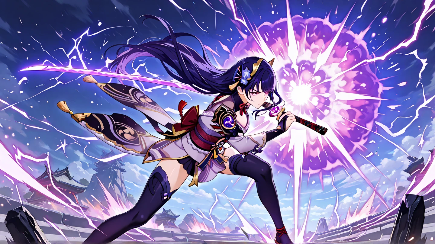 ((Above the knee image:1.4))Japanese Shrines, (highest quality，Realistic,masterpiece:1.2，8k wallpaper:1.2)，((Pale skin))，One Girl，women only，((Genshin Impact_Impact，General Raiden))，Lightning Particles，Purple Lightning，Light background，cherry blossoms，Purple Theme，Delicate facial features，Sexy and beautiful anime girls，General Raiden，Long purple hair，Rosy lips，Anime Mouth，shut up.，(Very sad face)，fine grain，Big breast type，
