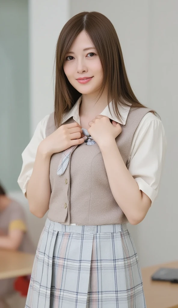 masterpiece, Highest quality, High resolution,8k， 1 hair clip, Tokiwadai School Uniform 、Tokiwadai school emblem on the left chest、Grey Skirt、Realistic,Bedroom、Lying in bed、smile、Roll up your skirt to show your underwear、Pure white panties、Grey Skirtを履いてる