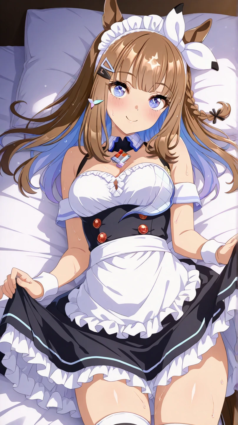 NSFW,{{{masterpiece:1.2}}},{{{best-quality:1.2}}},{{{ultra-quality:1.2}}},{{ultra-detailed:1.2}},{{{ultra-highres:1.2}}},{{{ultra-high-resolution:1.2}}},{{{extremely-detailed-CG-unity-8k-wallpaper}}},Mr.C.B.\(umamusume\),{1 girl,beautiful girl,18 yo,cute,smile,kawaii,lovely,blushing,playful expression,embrrased,orgasm,sexy},wear chaina dress,oily skin,beautiful detailed hair,glossy hair,(hands covering breaths:1.5),(wear white panty),(lying on the bed:1.2),perfect two legs,(spread two legs:1.2),five fingers,(large breaths),beautiful detailed eyes,jewel like eyes,blue eyes,open mouth,armpits,beautiful navel, looking at viewer,collarbone,earring