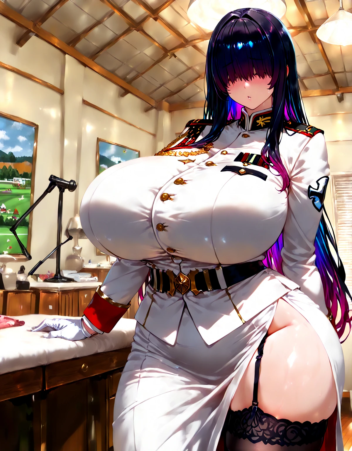 dim, Cold concrete corridors reminiscent of secret German concentration camps from World War II, 美しくも邪悪なMature Womanが堂々Standing, Wearing black military uniforms decorated with gold embroidery and ornate medals、strut confidently. On her majestic form、A fierce military cap is on it., She turned to the front、He arched his back in an intimidating posture.。. With a riding crop in his right hand, The tip hit her left palm with a sharp sound.、She shuddered.。. Her long, Beautiful legs in stiletto boots spread wider than shoulders, Exudes authority and intimidation., Browsing Caution, 1人のMature Woman, alone, sexy Mature Woman, Evil Femme Fatale, Age 35, masterpiece, An incredibly absurd resolution, The absolute solution, Ultra-high resolution, Mature Woman, Mature Woman, Professional, Vibrant colors, Perfect Anatomy, ideal facial features, 理想的なProfessionalポーションの図, Perfectly beautiful body, Highly detailed skin, Glowing Skin, Glowing Skin, Glamour, Soft and curvy, Body Conscious, clavicle, Cleavage,pregnancy, Huge saggy breasts, (A cruel pale smile), From below, A ceiling covered with countless pipes