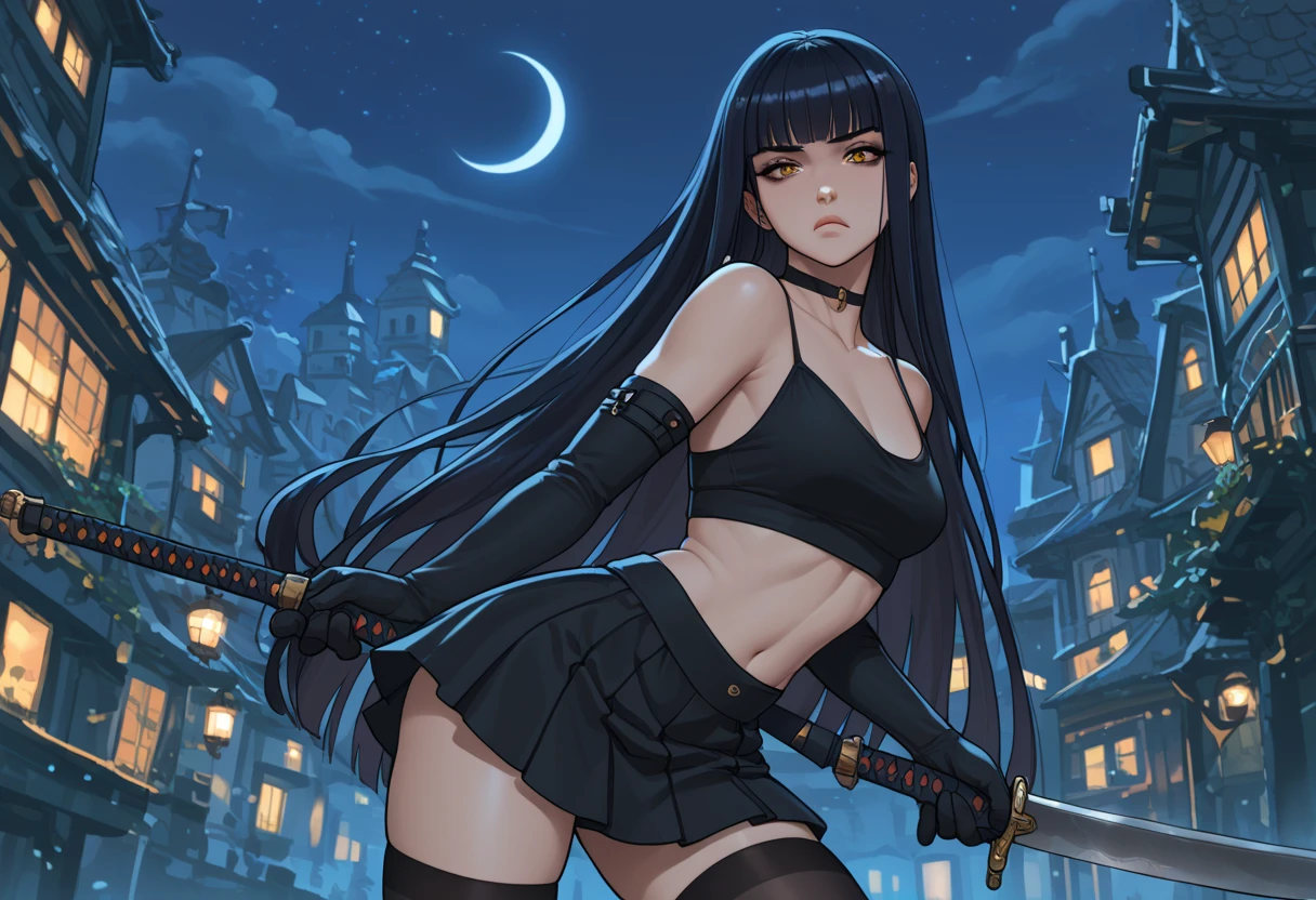 girl, ((long black hair)), ((show underwear)), (black bikini), (black skirt), long black cloak, samurai sword, (gunholster), (sexy pose), big moon, dramatic landscape, night, ((long black boots)), (midriff)