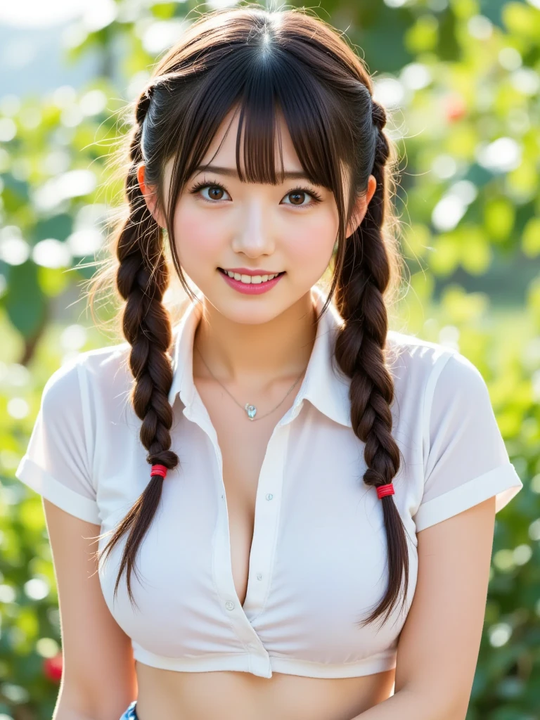 Slim and sharp facial contours、One Girl、(beautiful girl、Delicate girl:1.3)、(22 years old:1.3)、break、(Naked and in overalls:1.3)、break、Very beautiful eyes、(Symmetrical eyes:1.3)、break、(Cherry tree in full bloom:1.3)、Perfectly shaped and anthropomorphic fingers、break、Small breasts、Brown eyes、Parted bangs、Brown Hair、break、(Eye and facial details:1.0)、break、(masterpiece、highest quality、Very detailed) 、Detailed face、8k)、Full body view from the knee up、(blush、embarrassed 、braided bangs、cleavage 、fingersmile)、Sitting on the grass、Low - Angle
