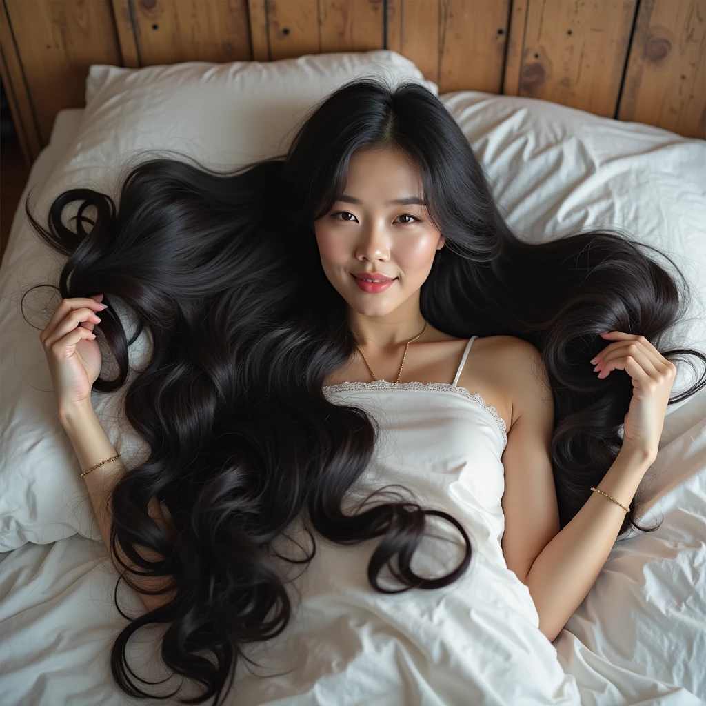 Super Long Hair Contest Winner、Full body photo、Head to toe photos、Taken from about 4 meters away、ultra-realistic、The longest black hair in the world、Hair longer than Rapunzel、She has very long black hair that covers her entire body...、Hair that is shampooed every day is so beautiful、I's hair isバラの香りがして、My very long black hair makes me look sexy.、My charm is my long black hair、Long black hair is a symbol of beauty、I'I am proud of my long black hair、This long hair length and volume is admired around the world.、Her very long black hair is fanned out、Smooth black hair that flows from shoulders to floor、I have a lot of hair、Cover the entire bed with hair、Hide your hands with your long hair、Hide your fingers with your long hair、A storm of black hair about to overflow from the screen、,Full body photo,超Super long hair、naked、the most Beautiful Hair in the world、Lie on your back in bed、Long hair covering her vagina、White underwear or naked、Cover the whole body with straight hair、Very beautiful face、beautifully styled black hair、Very large amounts of hair、Super long hair that accentuates femininity'sexly、Slim figure、Beautiful and shiny hair、Bright lighting、Professional Lighting、Full body photo、Black hair contest winner、the place is a bedroom、My hair is reaching the floor and dragging、Full of black hair、She is leaning on the bed, Show off your long hair.、The bed is full of hair、Long black hair covers the whole body、Super long hair、Best image quality、highest quality、Highest Resolution、Ultra-realistic photos、Full body photo、1 girl、Very beautiful face、 Real Photo、Live-action、