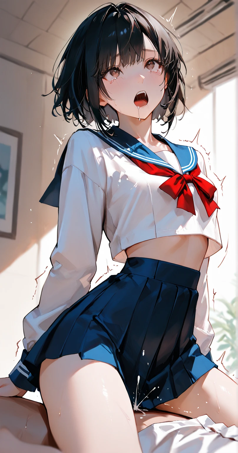 (masterpiece、Highest quality、Very detailed))、One girl、Black Hair、bob cut、Wavy Hair、Grey Eyes、Sharp Eyes、((lots of piercing))、((Grin))、((Large Breasts))、((serafuku))、((Long sleeve))、belly button、((Navy blue pleated skirt))、((Miniskirt))、Cowboy Shot、bed、Bedroom Background