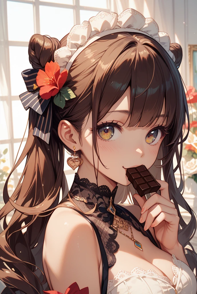 panoramic view, (the chocolate is shape of the number 3), perfect anatomy, masterpiece, best quality, 16k, beautiful detailed grow, daydreaming expression.