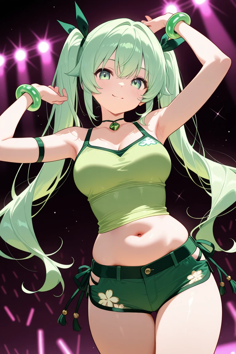 16K, HDR, UHD, RTX, ray tracing, illustration, award winning, beautiful women youtuber,((extremely cute and beautiful green curly-haired women),(short breasts:1.4),(((green curly hair:1.35,very curly hair,colored inner hair,ear breathing,short hair))),(((green_eyes:1.3))),intricate eyes,beautiful detailed eyes,symmetrical eyes,big eyes:1.3,((fat)),(((lustrous skin:1.5,bright skin: 1.5,skin tanned,shiny skin,very shiny skin,shiny body,plastic glitter skin,exaggerated shiny skin,illuminated skin,wet legs))),detailed body,(detailed face),cute,slutty,seductive,erotic,(((nsfw))),zettai ryouiki,revealing clothing,show skin,((rave mini-skirt,visible thong straps,white loose tank top with an anime art print)),((wet clothes,intricate outfit,intricate clothes)),(dynamic pose:1.0),embarrassed,(centered,scale to fit dimensions,Rule of thirds),cyberpunk city by the ocean at night, with bright neon signs and dark stormy clouds and puddles, scenery:1.25,artistic photography.