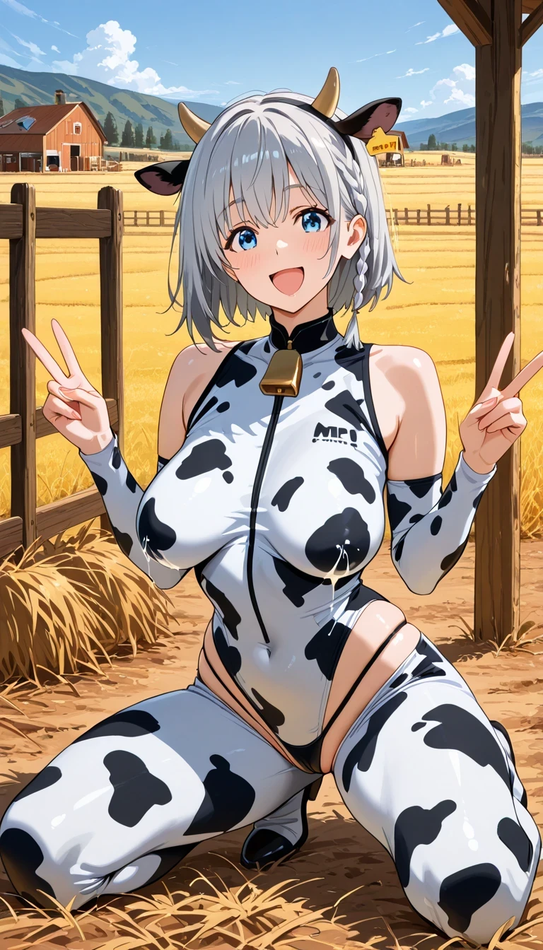 (Best quality:1.1), (Masterpiece:1.4), (Illustration fantastique:1.2), 1fille, cute girl, Short white hair, cow horns, cow ears, cow tail, bell, cow costume, Big breasts, clothes like spotted cowhide