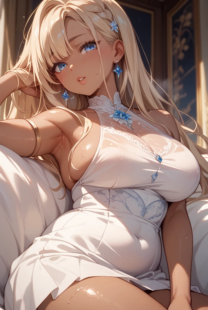 (masterpiece), (best quality), (detailed), Light Layer, 1 solo girl, Young girl in bed, Sexy Sheer Colonial Dress, Perfect body, Blonde hair, Clear chest, Well-defined collarbone, Surreal, lifelike, detailed, Perky transparent nipples, Wet clothes