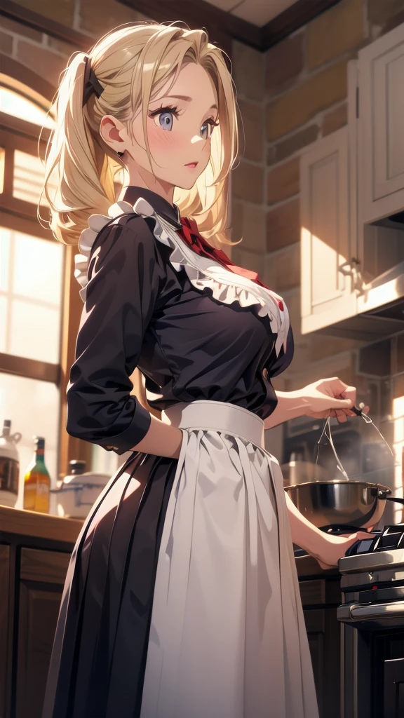masterpiece, high quality, 4K, Beautiful design, silhouette，blonde， Very detailed，In the kitchen， wonderful, Finer details,  Very knowledgeable woman, Very detailedソロ, 1 female,Big Breasts，Butt，cooking エプロン，cooking，