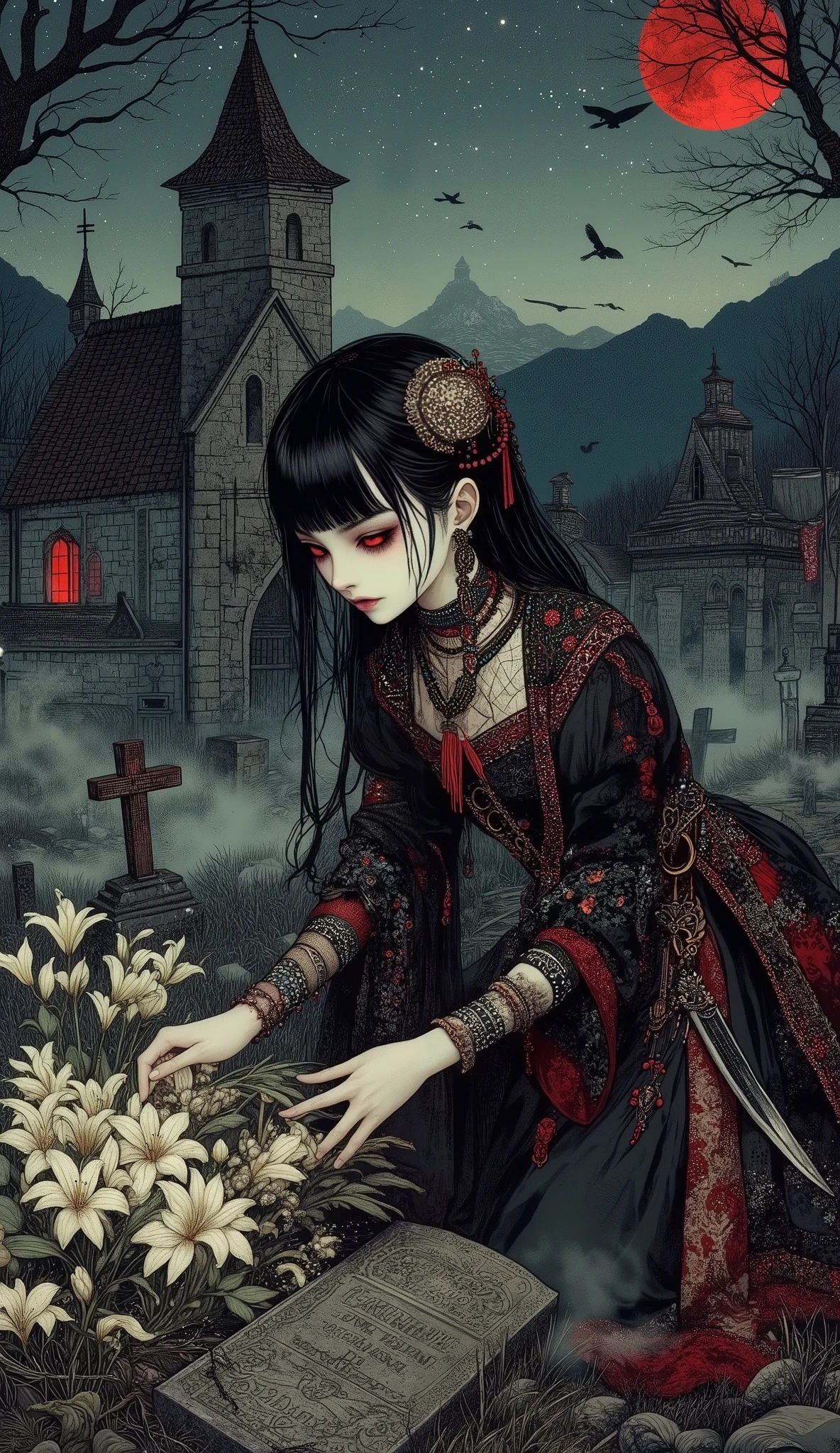 (A fusion of Ukiyo-e and dark fantasy. Aesthetic and gothic digital art. Illustrations are drawn from a bird's eye view from above.) BREAK
(Jet black hair. Blunt bangs. Black eyebrows. Long black eyelashes. Almond-shaped eyes. Glowing red eyes. Dark, thick eyeliner. Smoky makeup. Small pink lips. Round, small ears. Pale, translucent skin. Thin arms and legs. Thin fingers. White fingernails. One thumb and four fingers accurately drawn.) BREAK
(A horror-style world of vampire legends set in medieval Romania. A blood-red moon shines in the dark sky, the stars twinkle in the sky. A Dhampir woman, born of a vampire and a human, kneels on one knee in a graveyard by a church in an abandoned village in the steep mountains and gently places a bouquet of white lilies in front of a grave marker. She looks at the gravestone with a sad expression and gently wipes away a tear. The woman wears a jet-black church-style lace-up dress with red beads, dark blue and dark green jeweled choker, crimson rose embroidery, and a thin, sheer sash of Indonesian-style silk elegantly wrapped around her waist. She wears an Arabian-style curved dagger at her waist, braided sandals, and silver-embellished bracelets and anklets on her wrists and ankles. Beautifully colored false hair is braided into her hair. A thick fog covers the area.)