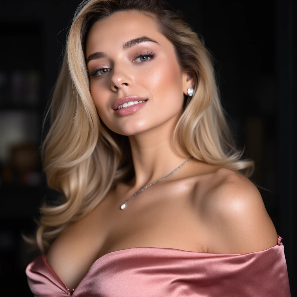 Beautiful South American woman fully , sexy girl with brown eyes, ultra realistic, meticulously detailed, blonde hair, selfie of a young woman, mansion , natural makeup, short red dress , looking directly at the camera, face with artgram, stunning full body .standing up  large size bust; luxury room, big boobs