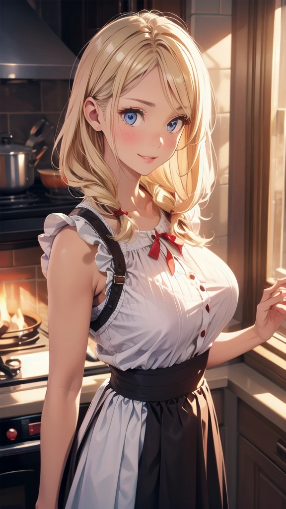 Make a 19 year old girl, blonde, with blush, with striking breasts, wearing a red lace bra, black skirt, pantimedias