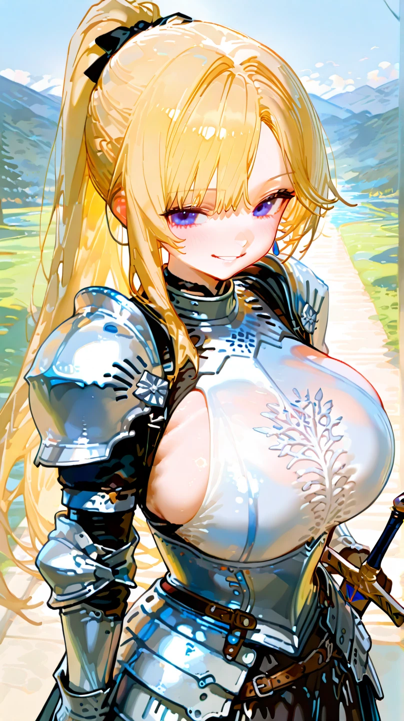 LeinaV4 masterpiece, best quality, (extremely detailed CG unity 8k wallpaper, ultra-detailed, best shadow:1.1), (detailed background, beautiful detailed face, beautiful detailed eyes, high contrast, best illumination, an extremely delicate and beautiful:1.1), night time, outdoors, starry sky, in the forest, moonlight, dappled moonlight, (solo, 1girl, mature lady:1.2), full body, looking at viewer, (huge breasts:1.3), shiny skin, sweat, bikini armor, loincloth, buckle, cleavage, weapon, sword, armor, shield, gauntlet, glove, blue eyes, blonde hair, shiny skin, sweat, happy smile, looking at viewer, (pov, leaning forward, bent over:1.3), (arms behind back, downblouse:1.2)