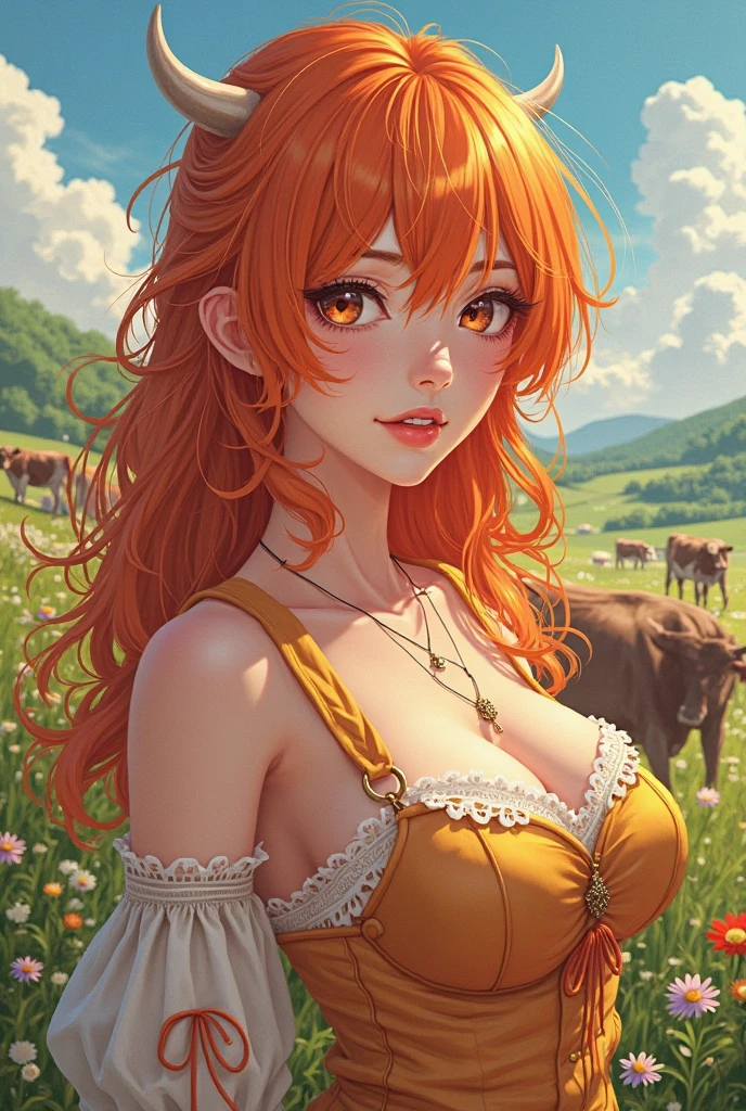 Luma is a topless person, she is beautiful And have a strong posture, she has huge breasts that have a voluminous proportion, a pear feminine silhouette, Auburn hair, long Auburn hair, She has expressive eyes, ( Only eyes olive green) Her skin is fair and she has some light freckles on her cheek bones, busty, Farm, Brown rustic clothes, boho clothes, farm boho fashion clothes, romantic vibes, fire lights, fire sparkles, flowers clothes the hair to be half straight and half with curled ends cartoon, nude tits