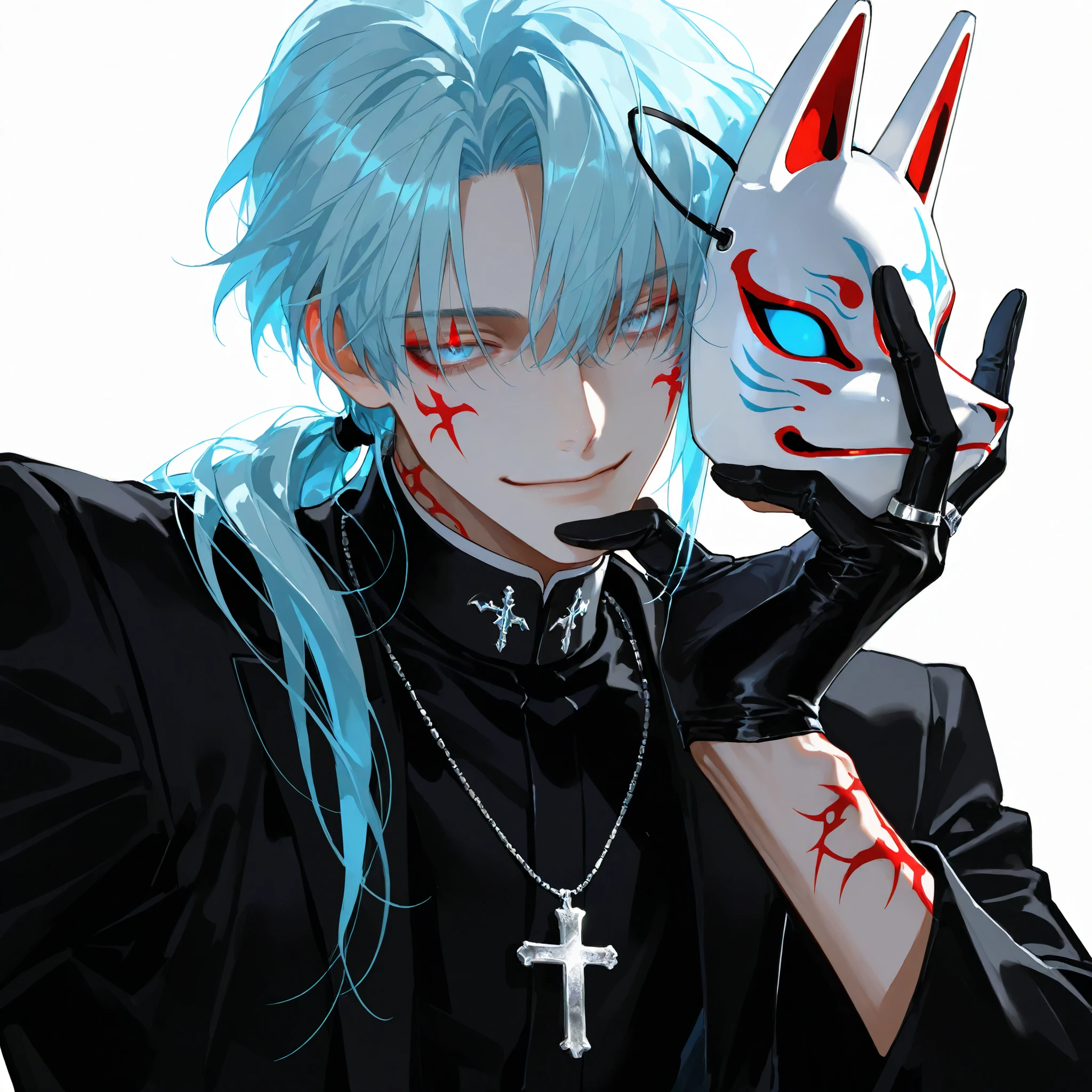 solo, 1boy, handsome anime boy, long sky blue hair tied in a low ponytail, side bangs, sharp light blue eyes, confident and mysterious smile, wearing a white fox mask with red markings on his face, black priest outfit with clerical collar, long black coat, silver cross necklace, black gloves, elegant and gothic style, sitting pose with hand on chin, ring on left hand, detailed face, realistic shadows, modern anime style, upper body portrait, clean lineart, white background