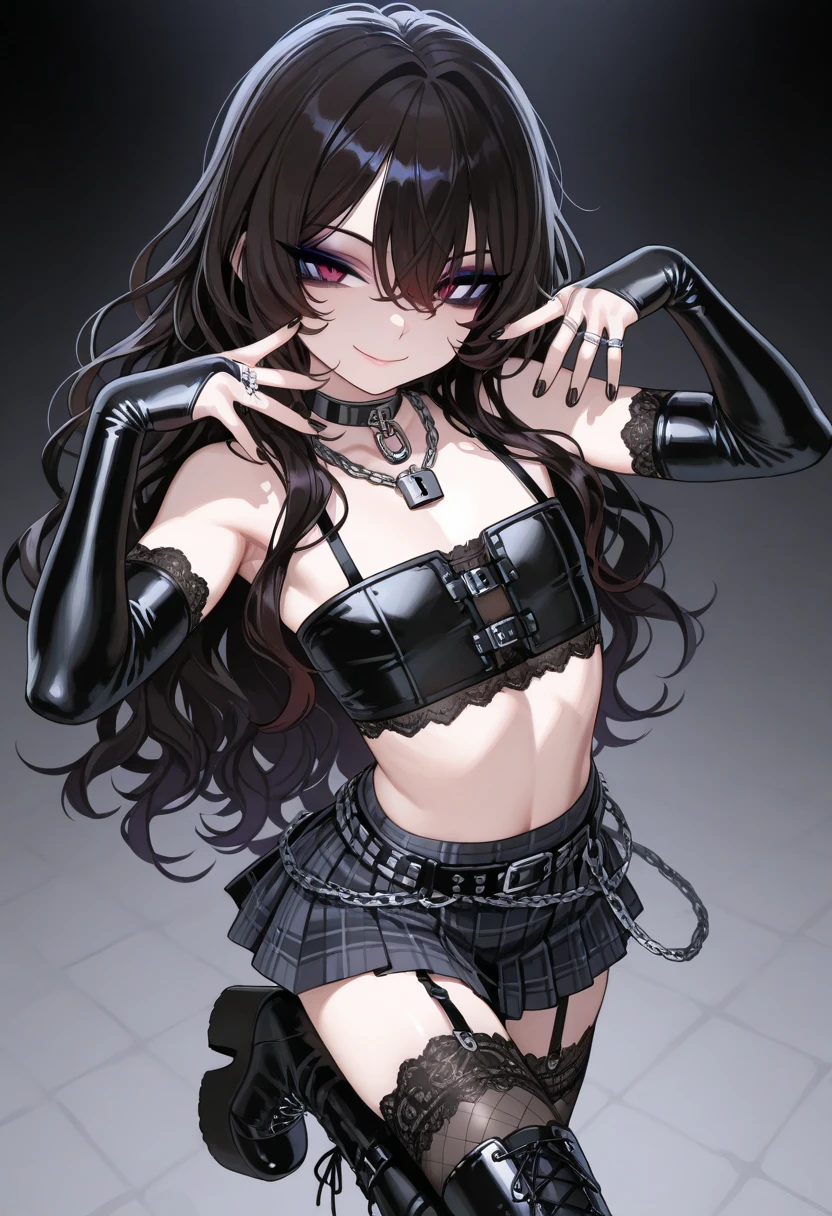 Pyscho Girl long black hair with bangs pink eyes gothic knife blood black gloves short black ruffled dress spikes chokers spike fishnet stockings
