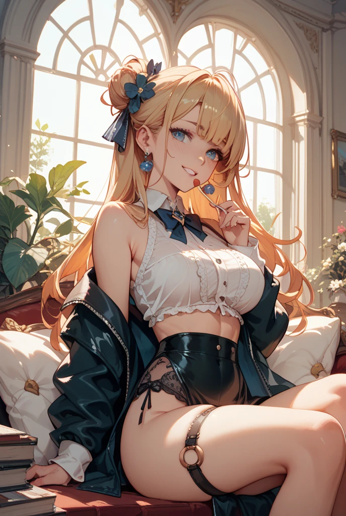 最high quality、best image quality、masterpiece、with a girl((18-year-old、 Black and white underwear、vest bust、bust 85、blonde、semi-long、blue eyes、open your chest wide、valley、happiness、Slender、naughty face、lying on one's back、facing the viewer on the bed、peace sign))high quality、Camera Film Style、With background((A room with beautiful sunlight))、table top、cool style、elaborate design、visual art