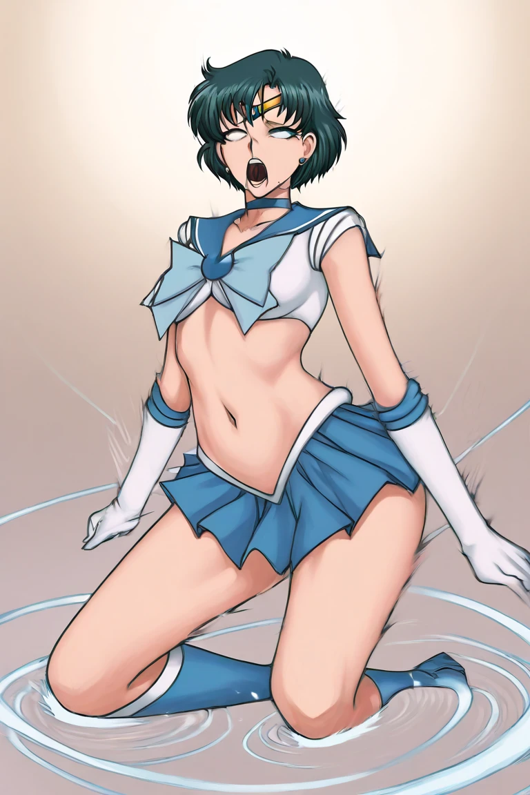 masterpiece, Highest quality, High resolution, Sailor Mercury 1990s \(style\),、(Big Breasts)、Sweating all over the body、vapor、Right Foot Kick、(Tentacles wrap around legs、Tentacles wrap around your arm、Tentacles wrap around chest)