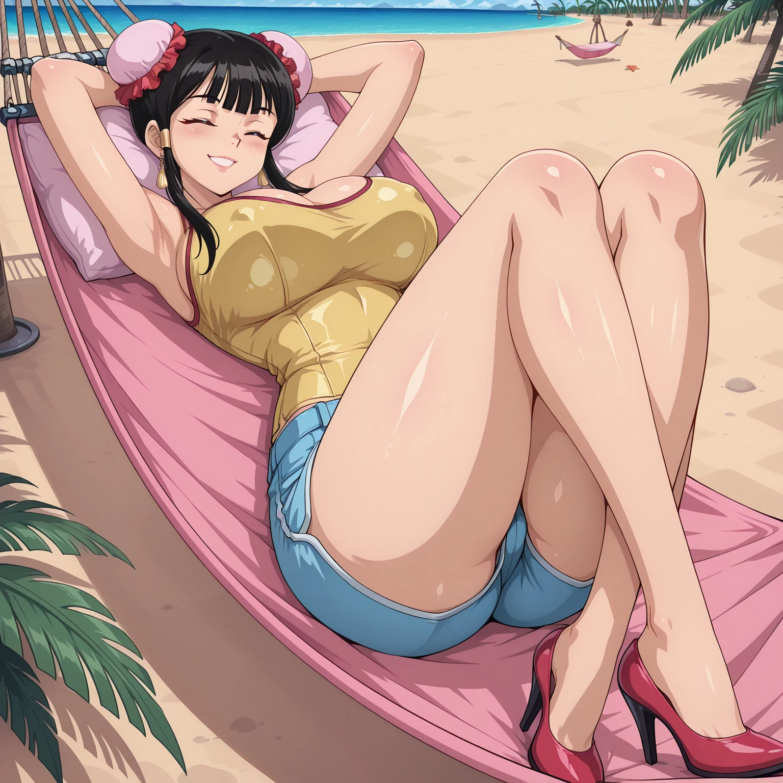 Tabletop, highest quality, (Realistic:1.4),,1 Japanese female,Mature Woman, 20-year-old、魅惑的なsmile、Naughty look、Heavy breathing,Full Body Shot, smile,(Beautiful sea_Snow-white sandy beach:1.2)、Beautiful blue sky,White tiny bikini,Sit down and open your legs wide,(Leg spread:1.5),Streaks,
