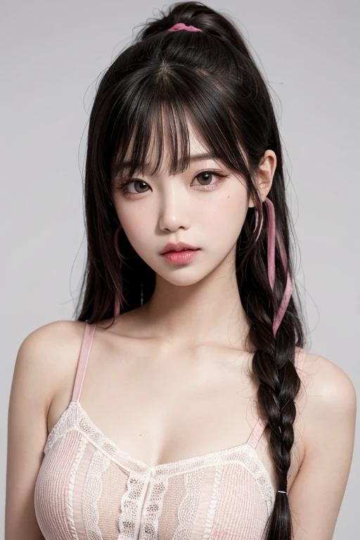 Kim Jennie with white brown hair, con rulos en las puntas, with two bows on each side of the hair, all her hair white brown, with a star clip in her white brown hair, ojos de color claro, ojos bonitos, ojos llorosos, nariz bonita y respingada, nariz lloroso, labios bonitos, labios rosas, heart and cupid shaped lip, piel bonita, pale, piel blanca, con lunares y pecas en todo el rostro, rubor rosa suave en las mejilla, rubor rosa natural, maquillaje suave y rosa, jennie, cuello bonito, cuello marcado, frown, mirada tierna, con un collar de beso, un collar bonito de beso, parecido a Yumeko Jabami, mientras lleva puesto un Crochet YK2, de lana, with a YK2 style brown mini skirt, mientras tiene el abdomen desnudo, delgado, marcado y bonito, (pechos grandes, pechos suaves, pechos bonitos), mientras esta haciendo cospaly del personaje Yumeko Jabami, del anime Kakegurui, mirando a la camara, autofoto, selfie bonita